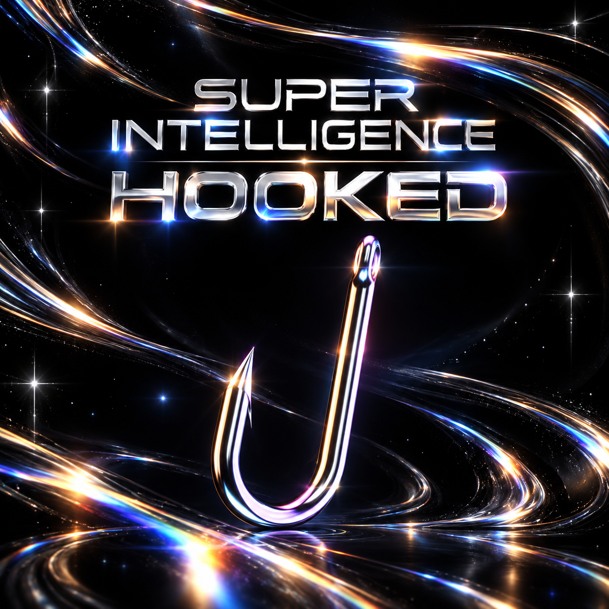 Super Intelligence Hooked: a polished chrome fishing hook surrounded by flowing silver, blue and gold light.